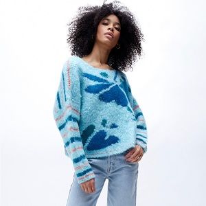 Free People • Lily Fuzzy Striped Teal Turquoise Orange Sweater Size Large